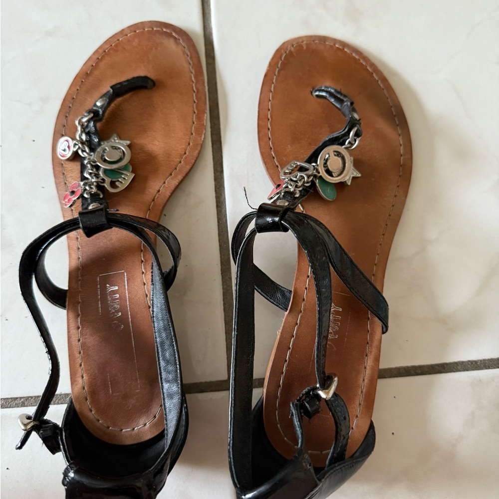 Coach Black and Brown Sandals with Metallic Charm